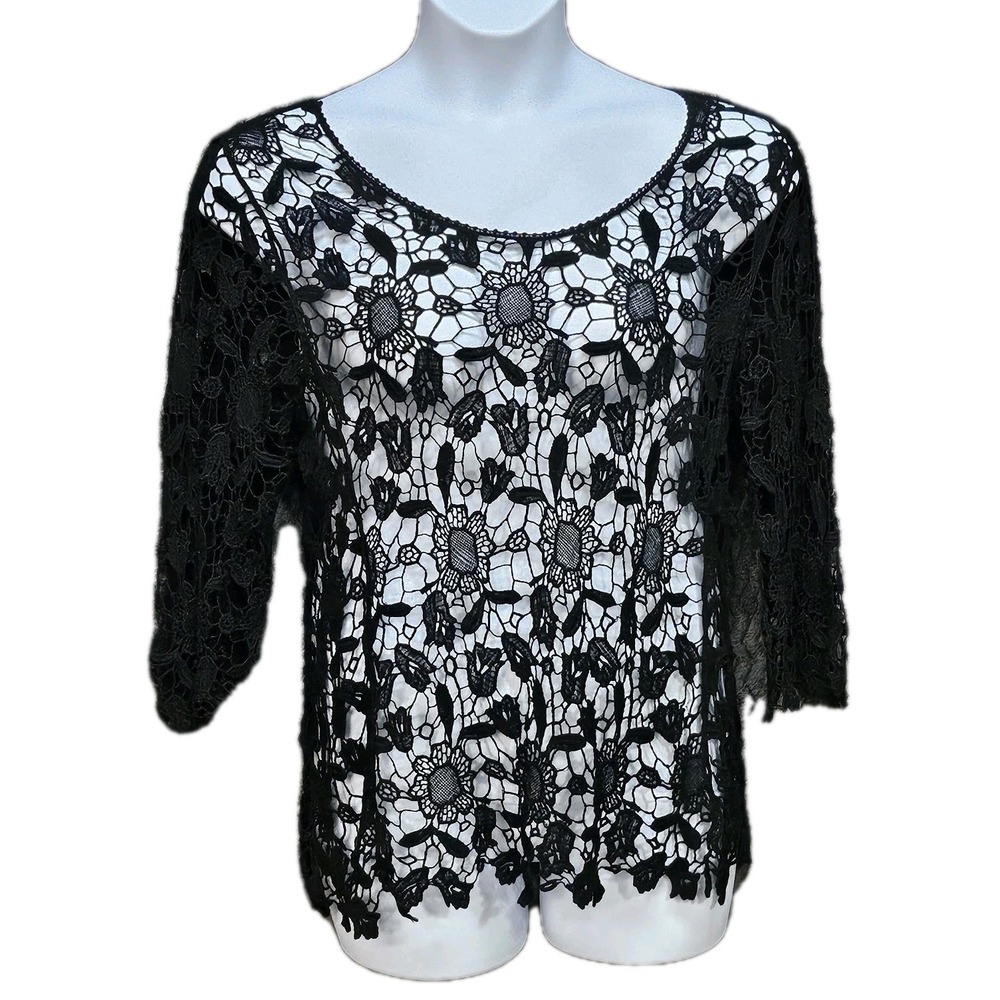 Floral Sheer Top Womens L Black Lace Y2K Whimsigoth Dark Fairy Vampcore Witchy